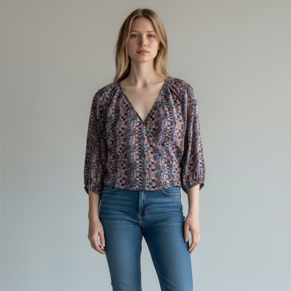 Tucker Wrap Buttoned Silk Blouse XS V-Neck Top Long Sleeve